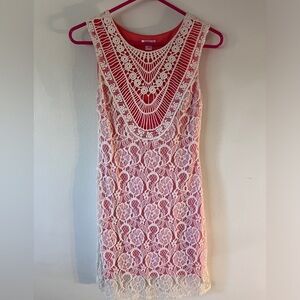 Coral & white lace dress